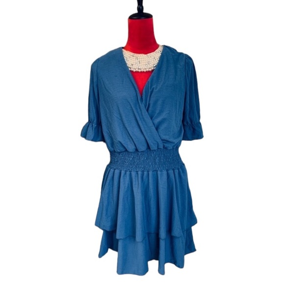 BLUE SHORT SLEEVE RUFFLE LAYERED PEPLUM DRESS - Picture 1 of 6